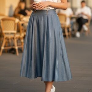 Elegant Blue Midi High Waisted with Pockets Skirt